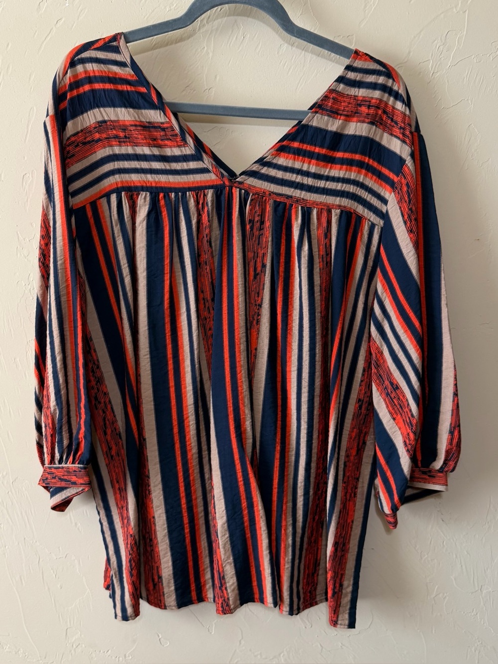 Ces Femme Striped V-Neck Tunic in Navy, orange, & Tan. New Without Tags